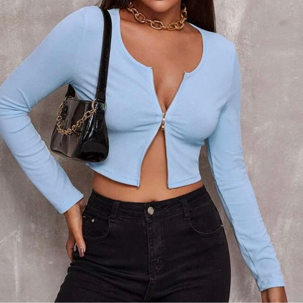 Blue Zipper Crop Top